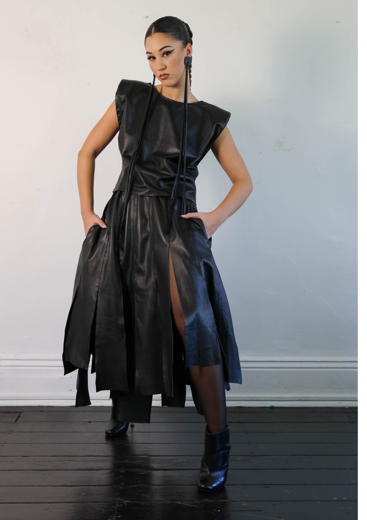 TANCA | Teodora wide tassel panelled leather midi skirt