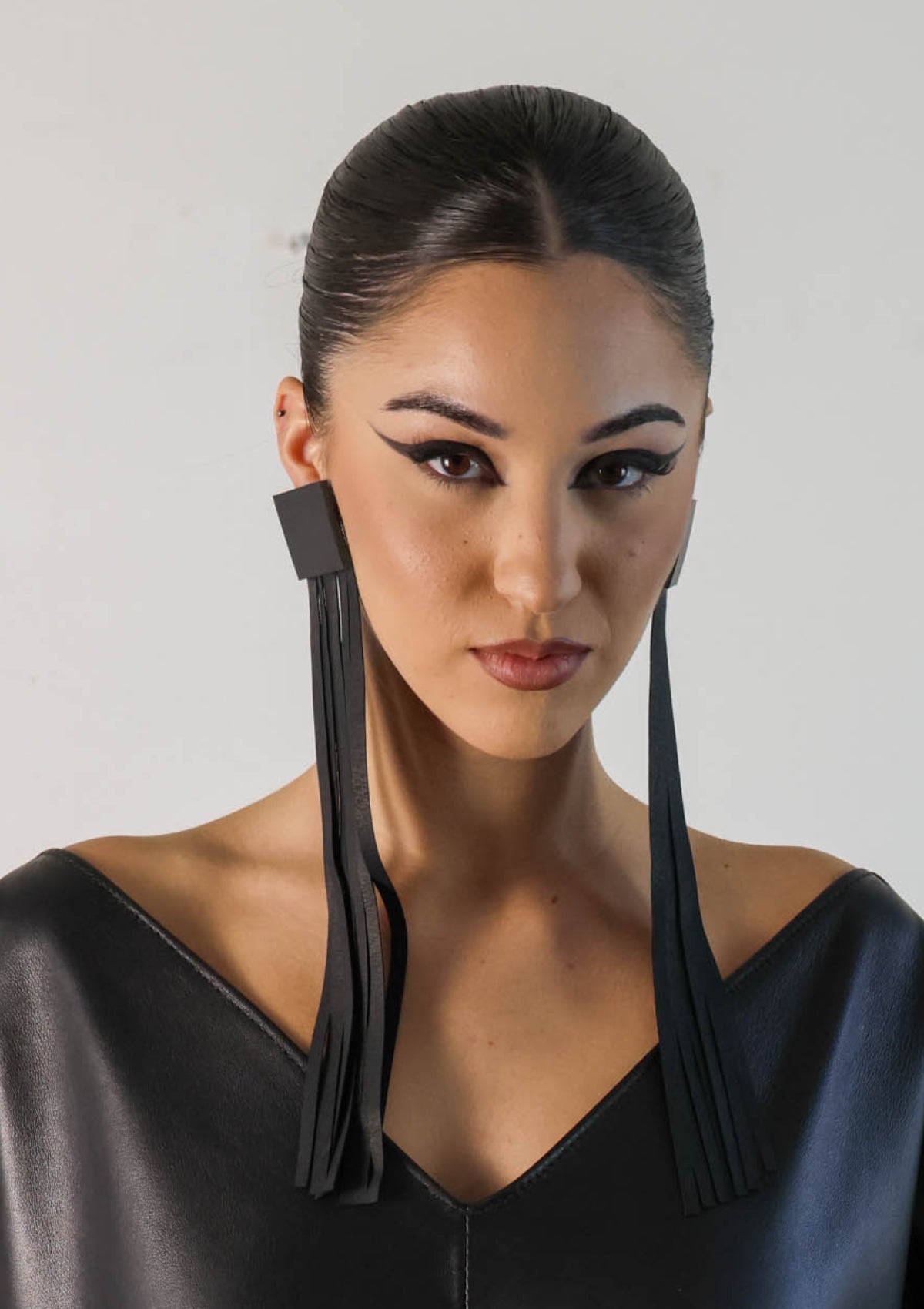 TANCA | Tatijana rectangle leather tassel earrings | Black